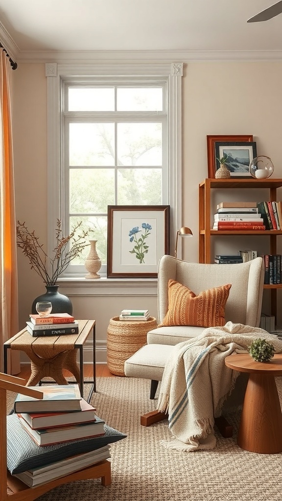 Cozy reading nook with an armchair, throw blanket, bookshelf, and natural light