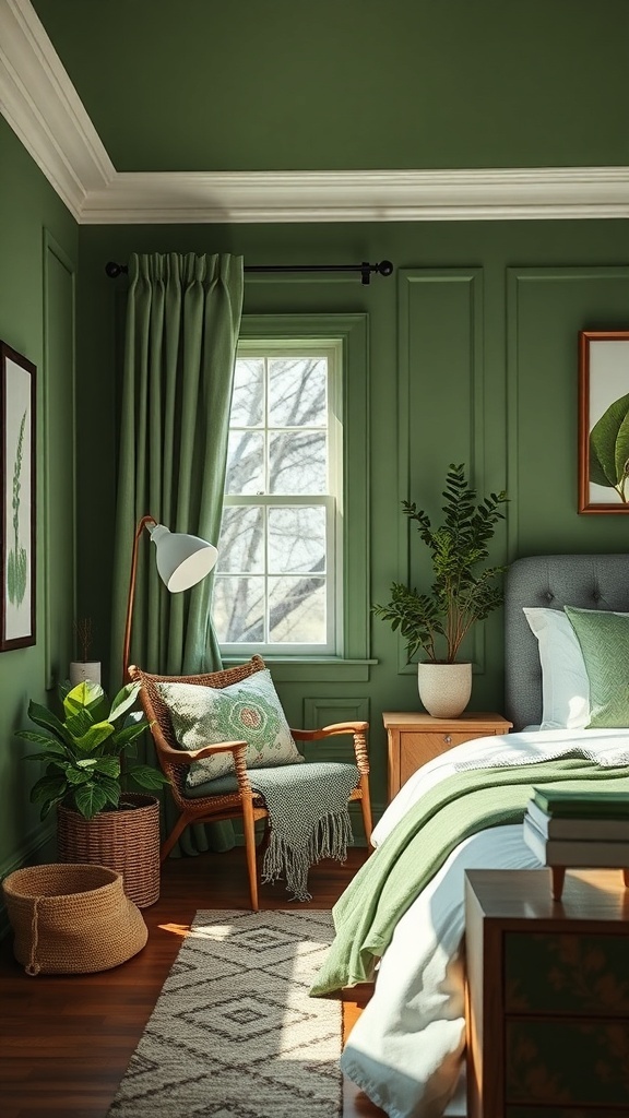 A cozy reading nook in a green bedroom featuring a comfortable chair, plants, and natural light.