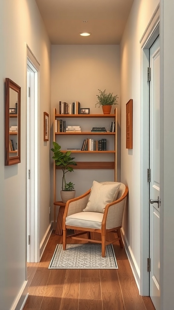 Cozy reading nook in a narrow hallway with a chair, bookshelf, and plant.