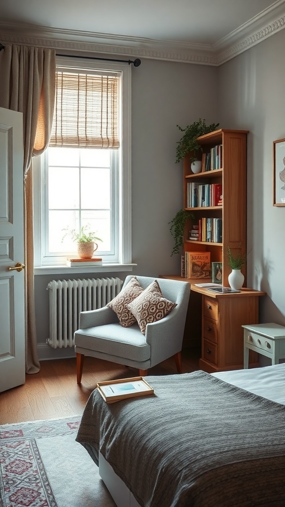 A cozy reading nook in a small guest bedroom featuring a gray armchair, bookshelf, and natural light from a window.