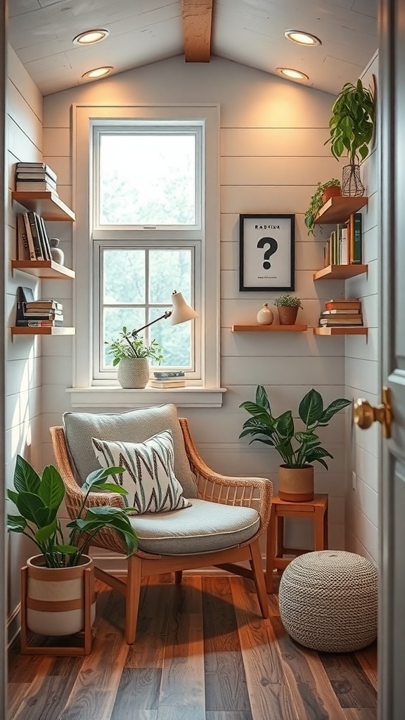 A cozy reading nook in a tiny house with a comfortable chair, bookshelves, plants, and warm lighting.