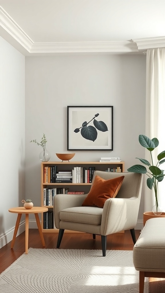 Cozy reading nook in a small living room with a chair, side table, bookshelf, and artwork.