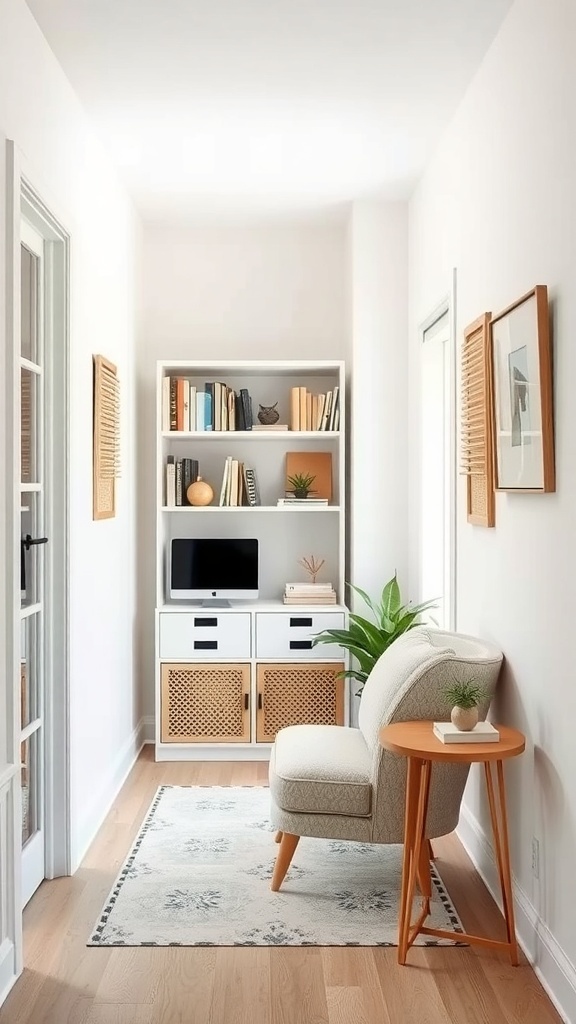 Cozy reading nook in a narrow home office with a chair, side table, and bookshelf.