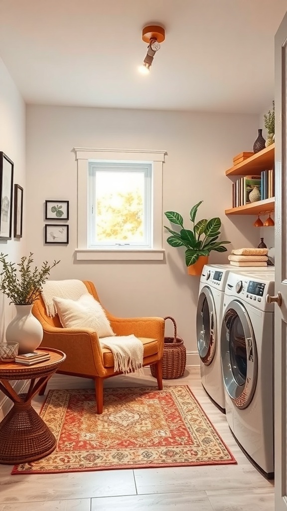 A cozy reading nook in a basement laundry room featuring an orange chair, side table, and bookshelves.
