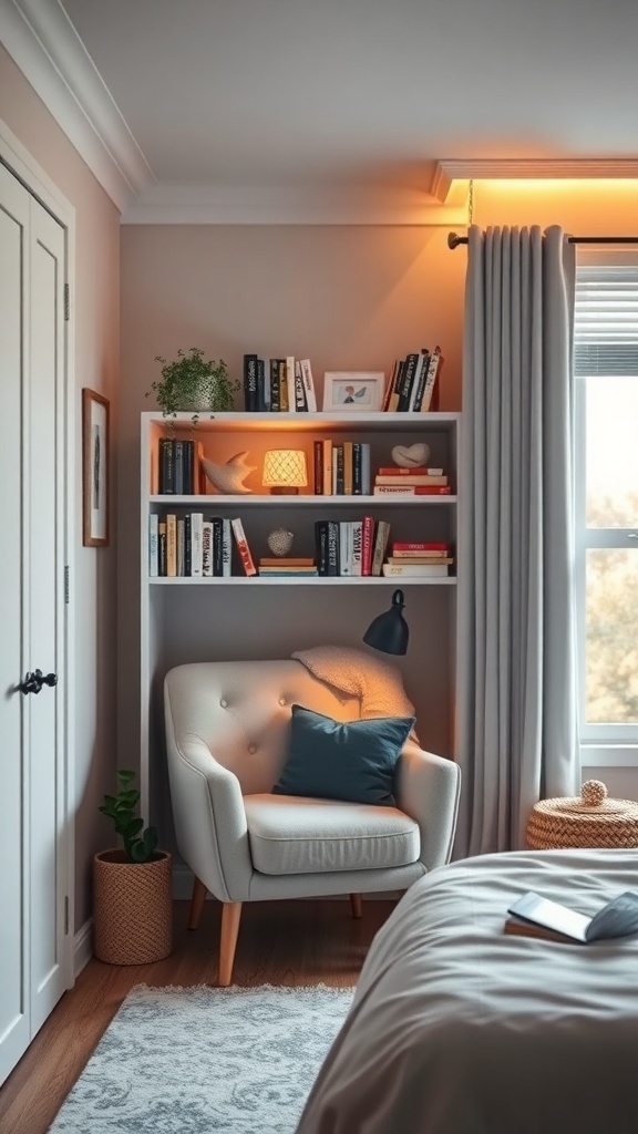 Cozy reading nook in a small teen bedroom with a plush chair, bookshelf, and warm lighting.