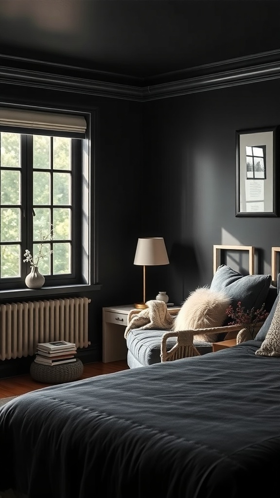 Cozy reading nook in a black bedroom with a chair, lamp, and window
