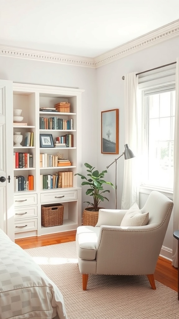 Cozy reading nook in a white room with a comfortable chair, bookshelf, and plant.