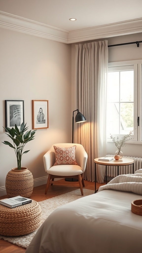 A cozy reading nook in a neutral bedroom featuring a soft chair, side table, plant, and warm lighting.