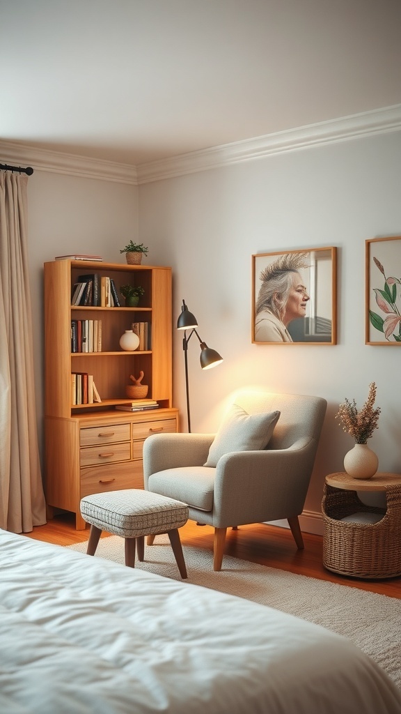 A cozy reading nook with an armchair, bookshelf, and warm lighting in a bedroom