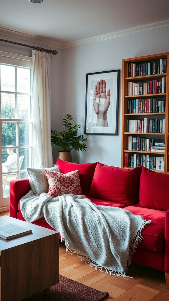 Cozy reading nook featuring a red couch with pillows and a blanket, a bookshelf, and a window.