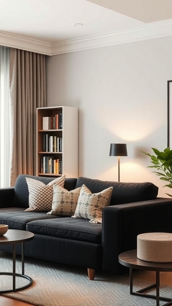 Cozy reading nook featuring a black couch with decorative pillows, a side table, a lamp, and a bookshelf.