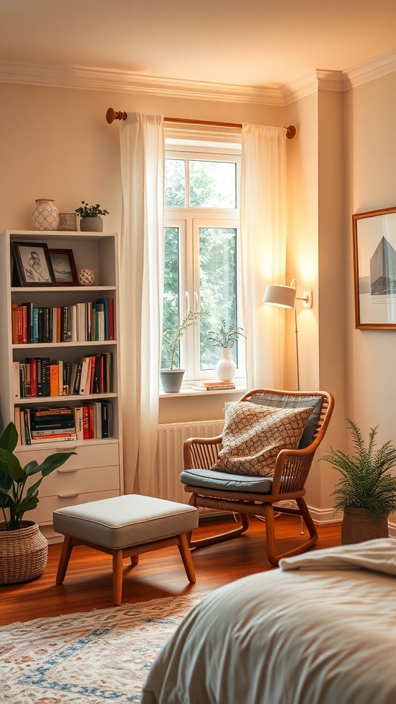 Cozy reading nook in a bedroom with a chair, ottoman, bookshelf, and plants.