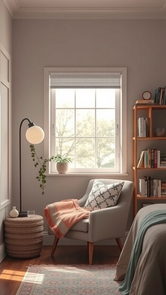 Cozy reading nook with a chair, throw blanket, bookshelf, and window