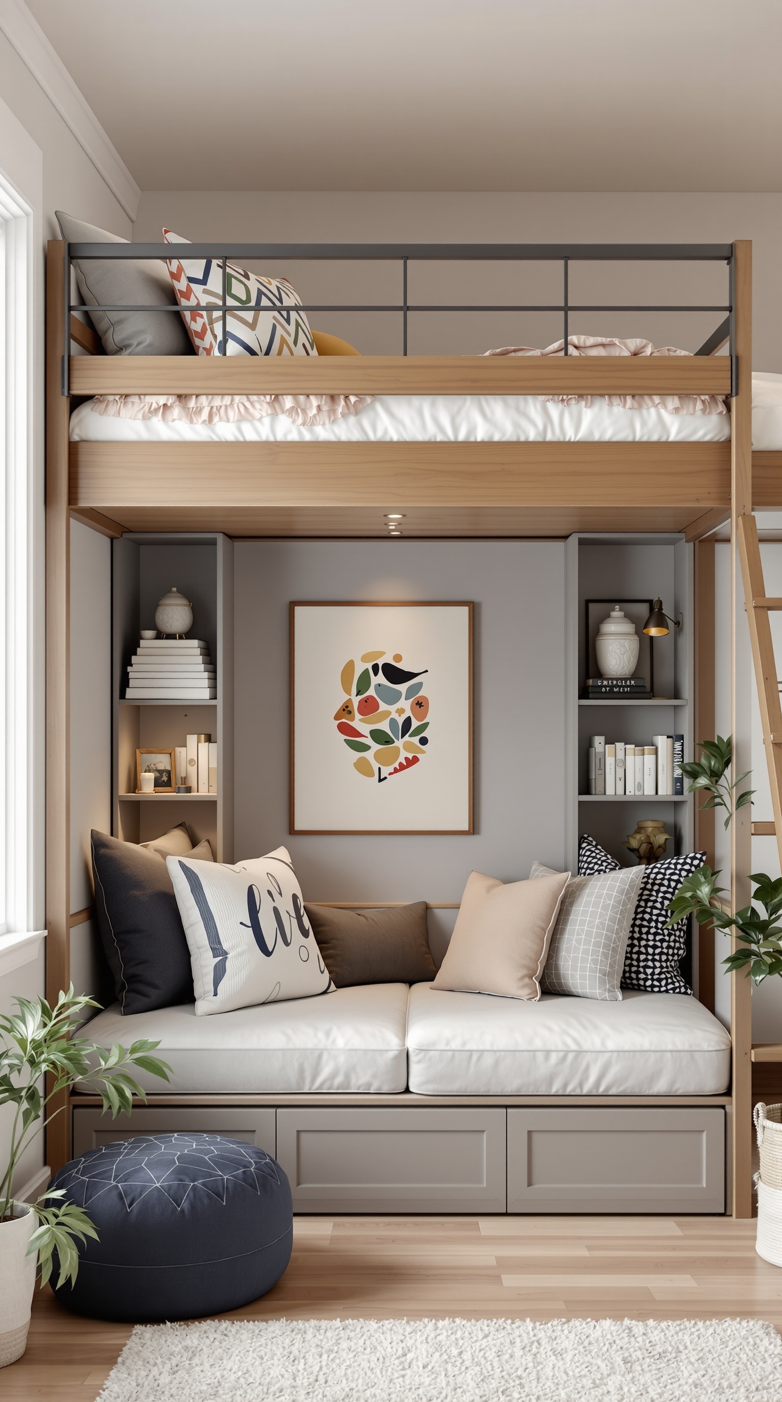 Cozy reading nook under a loft bed with cushions, bookshelves, and decorative items.