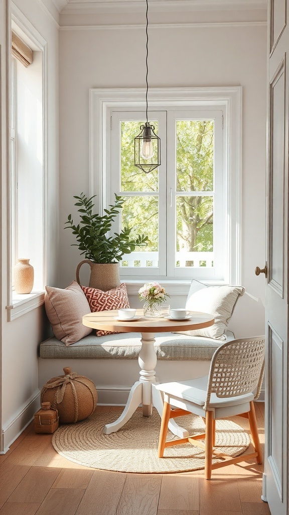 Cozy dining nook with a round table, bench seating, and large window
