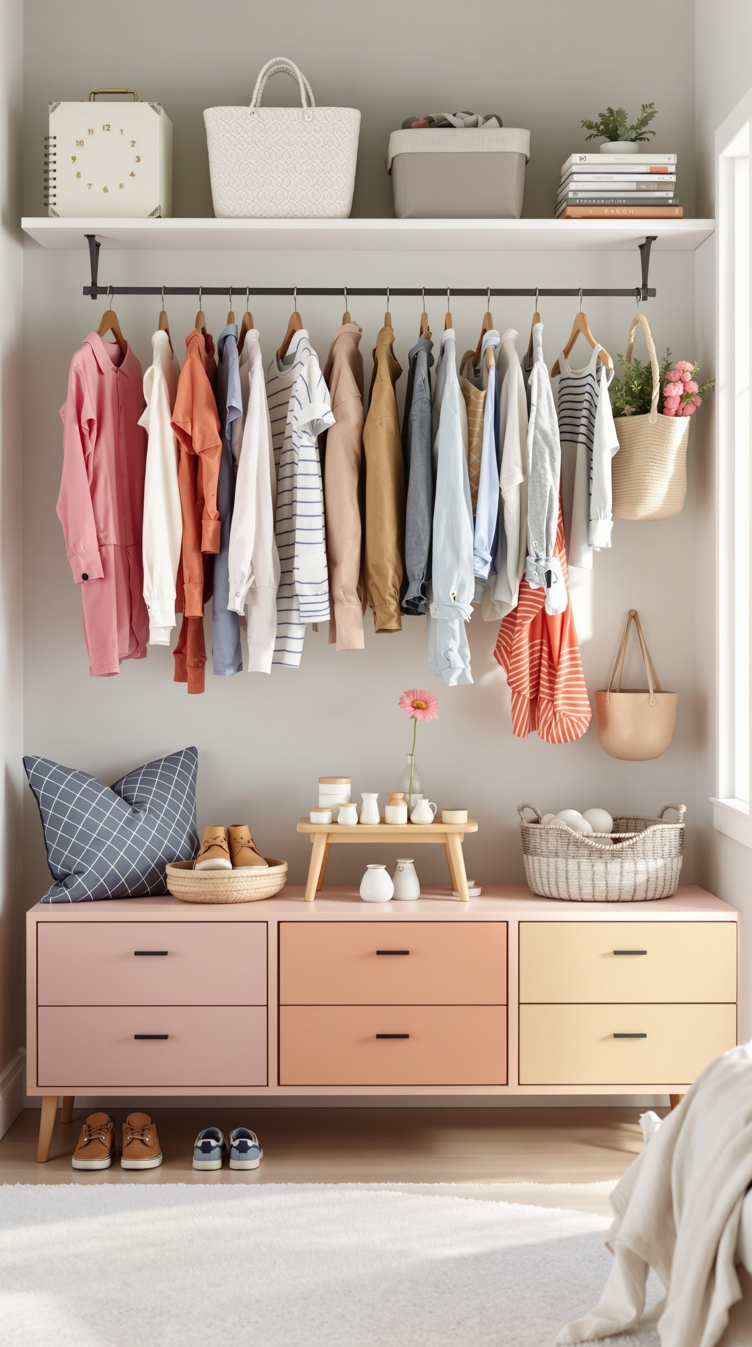 A well-organized kids' outfit station with hanging clothes, colorful drawers, and decorative items.