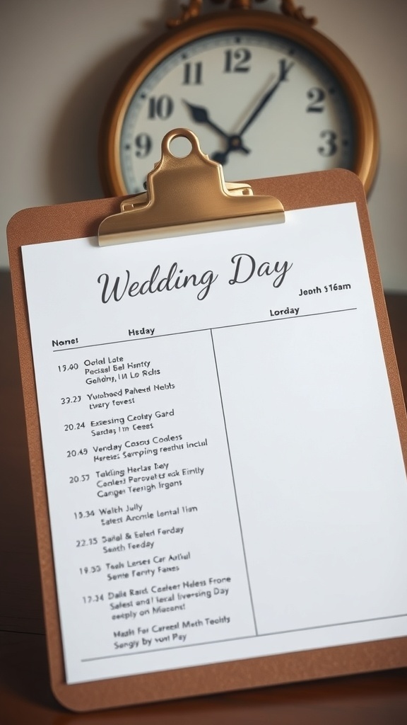 A clipboard with a wedding timeline and a clock in the background.