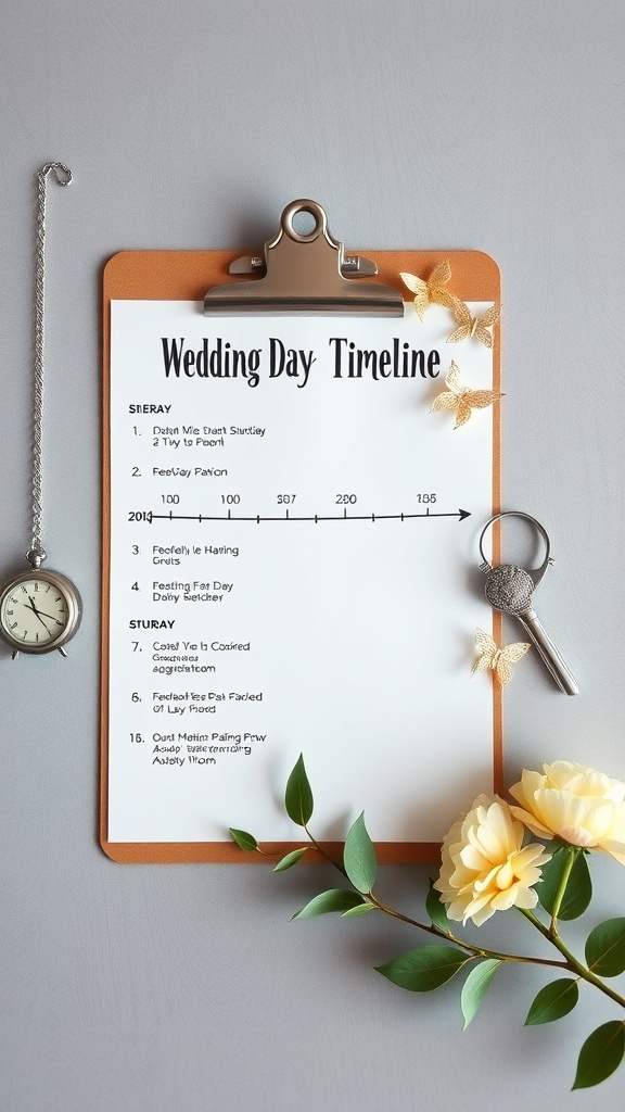 Wedding Day Timeline on a clipboard with decorations