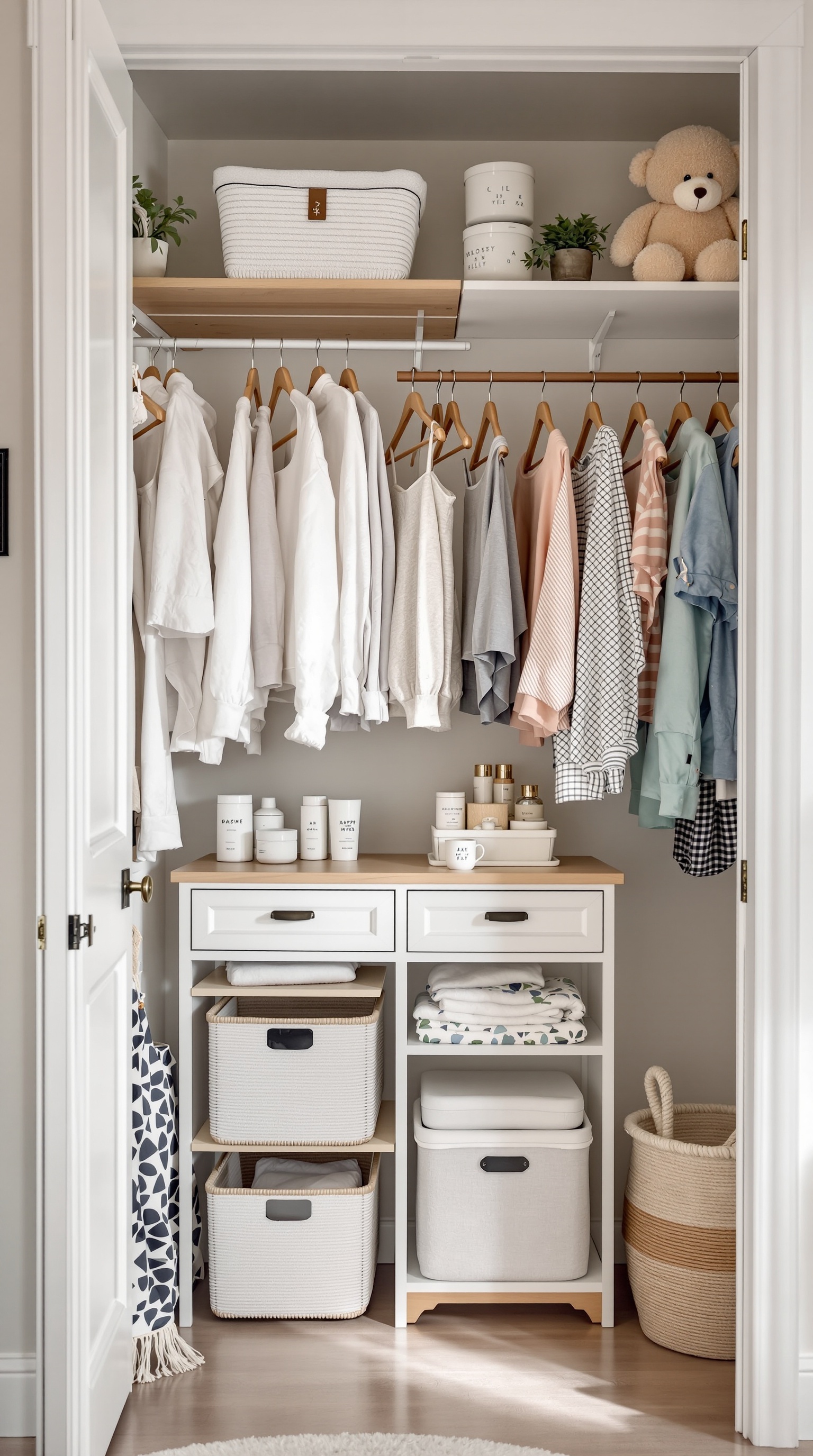 Organized baby room closet with clothes, baskets, and a soft rug.