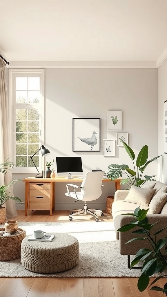 A bright home office with a desk, computer, plants, and cozy seating.