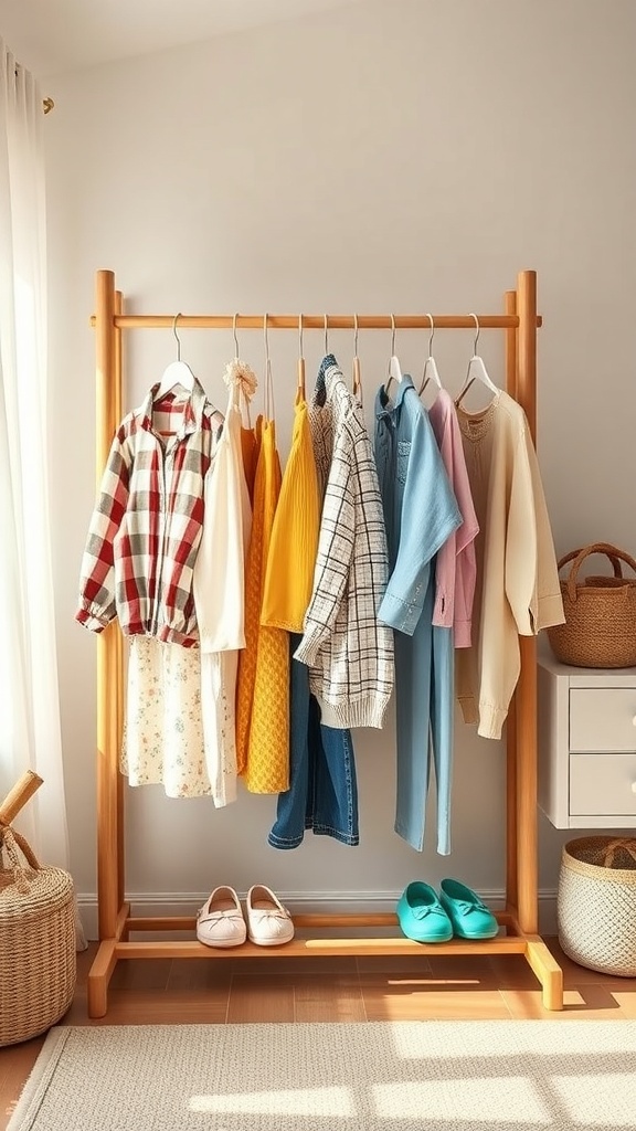 A wooden clothing rack displaying various colorful outfits, with shoes and baskets nearby.