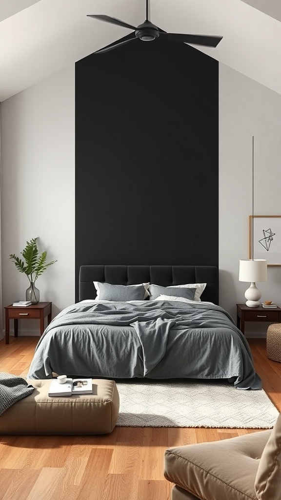 A modern bedroom featuring a black accent wall behind a bed with gray bedding and wooden flooring.