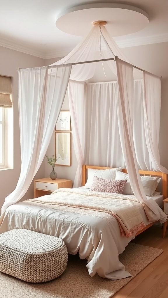 A cozy teen bedroom featuring a canopy bed with soft drapes, light bedding, and a round pouf.