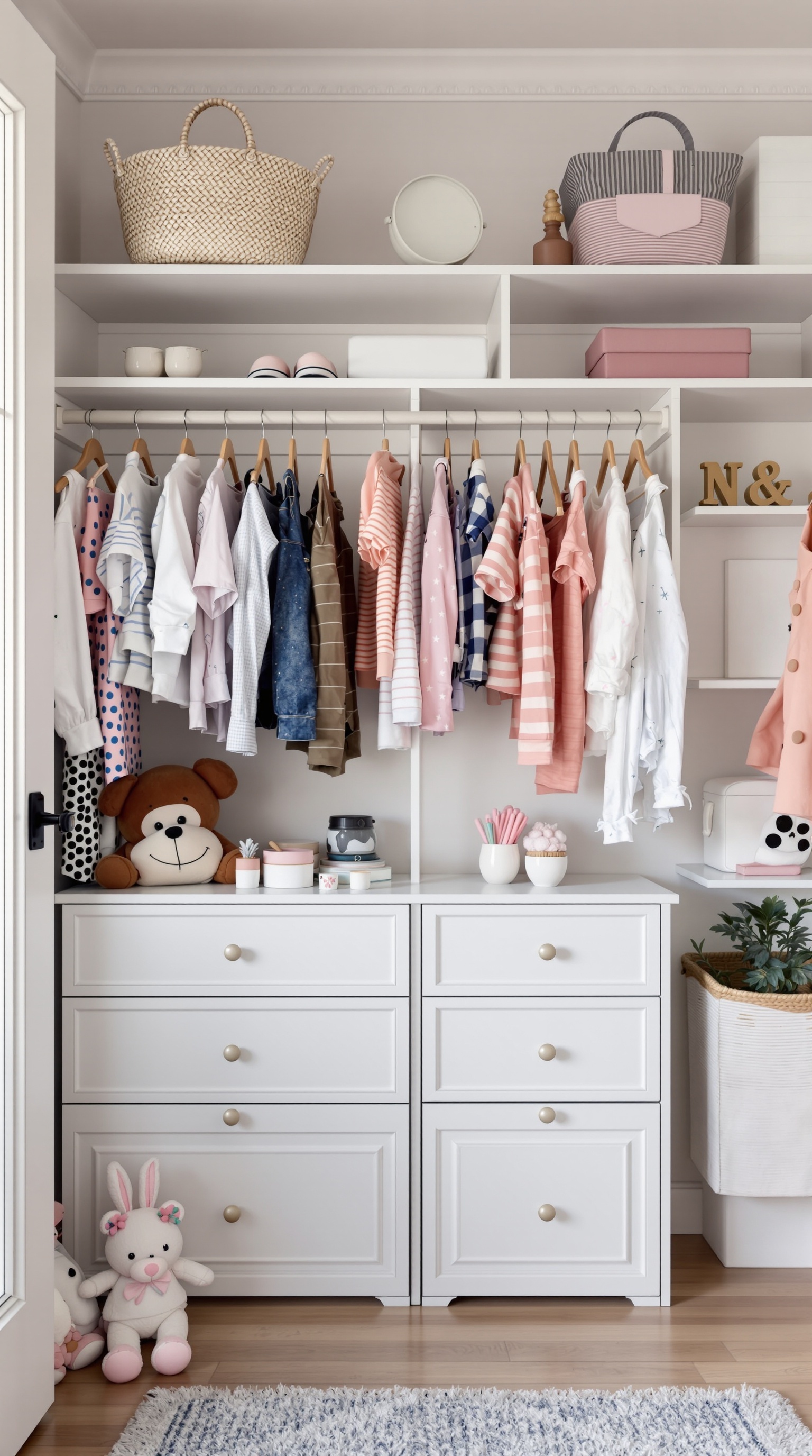 A well-organized toddler closet with colorful clothes, storage baskets, and toys.