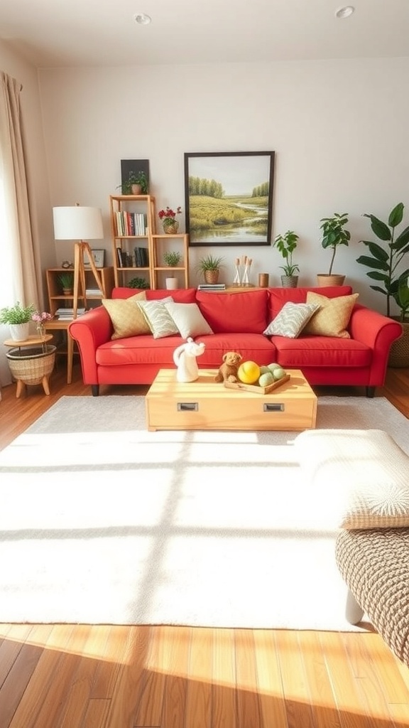 A cozy living room featuring a red couch, playful decor, and plants, creating a family-friendly atmosphere.