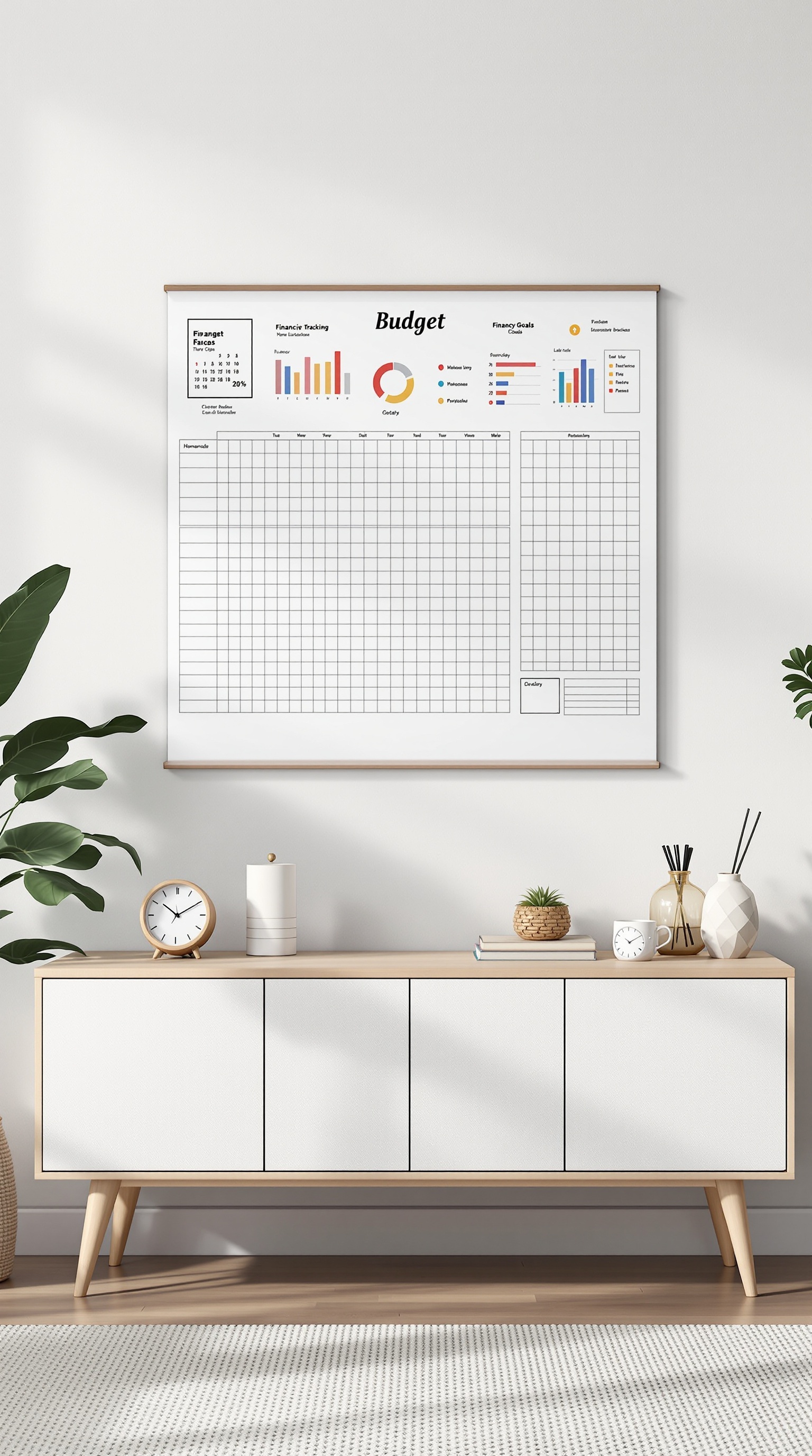 A family budget tracker displayed on a wall, featuring colorful graphs and sections for financial goals and expenses.