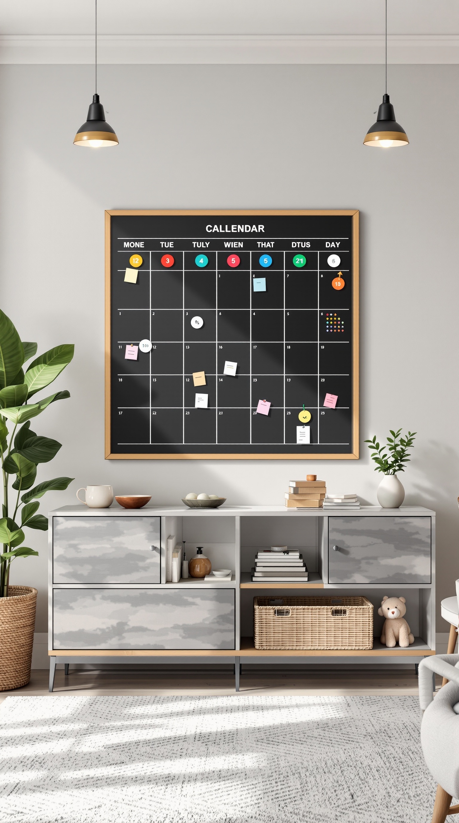 A stylish wall-mounted family calendar with colorful markers and sticky notes.