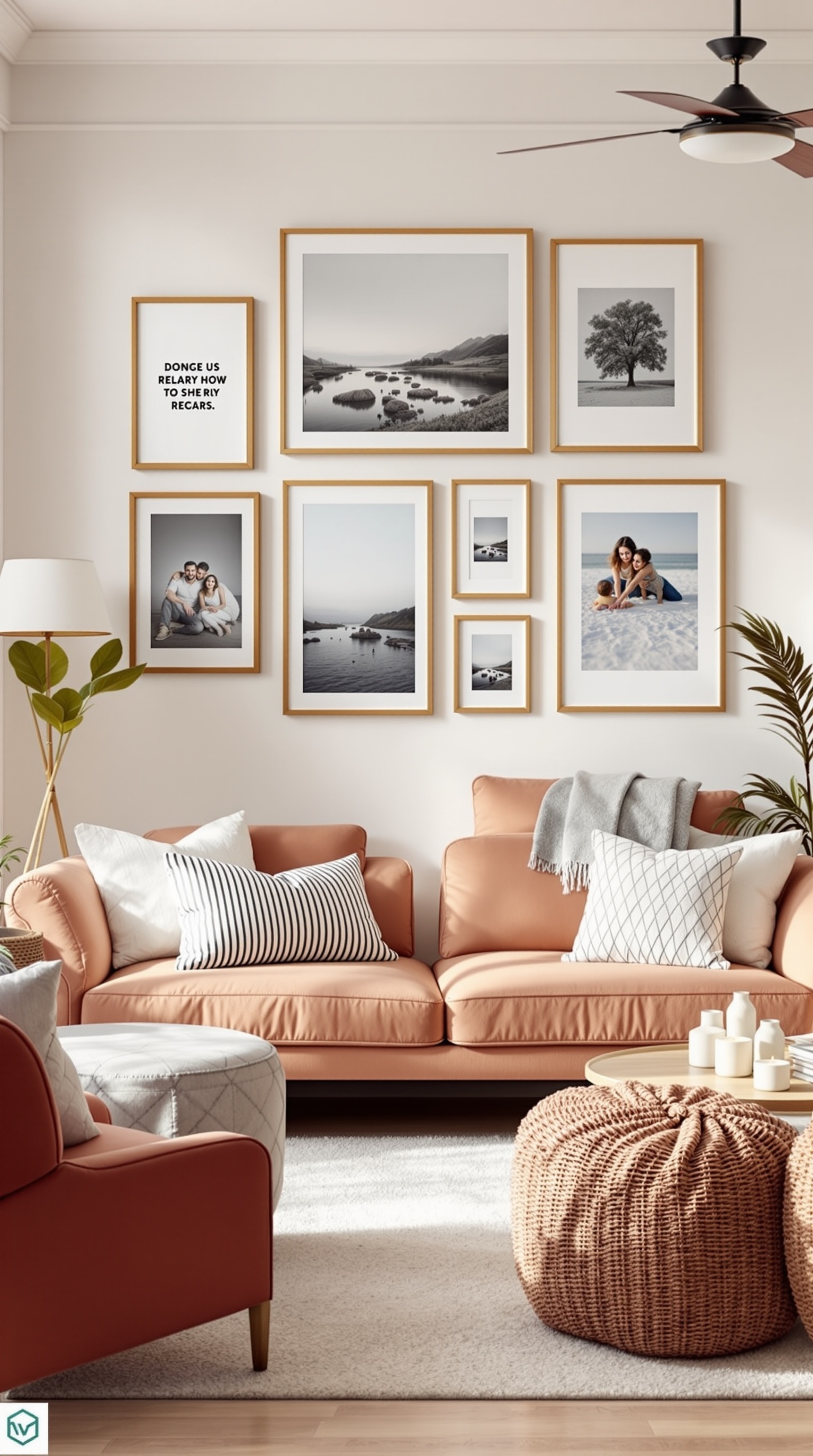 A cozy family room featuring a gallery wall with framed photos and a comfortable sofa.
