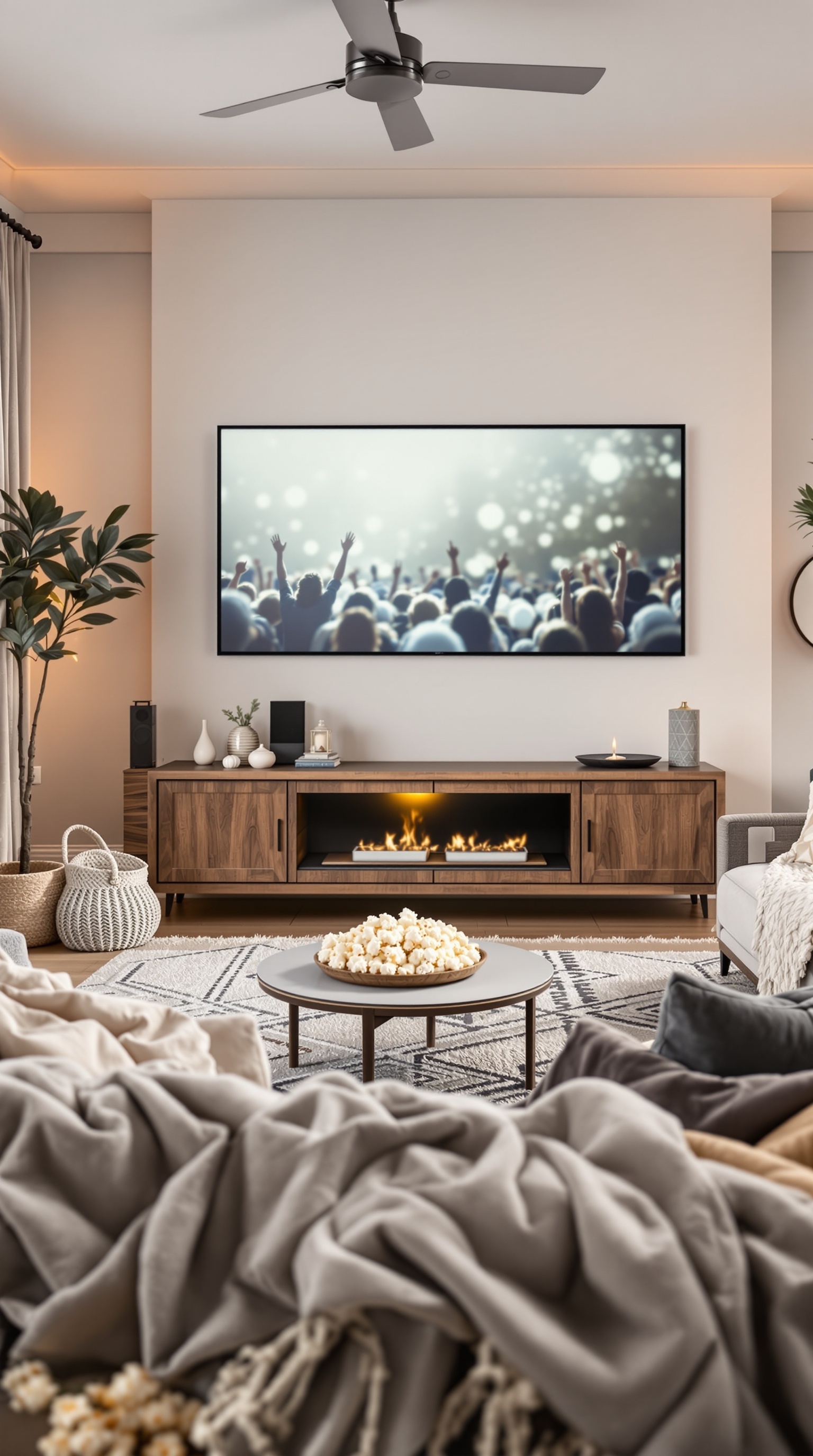 A cozy family living room setup for movie night with a large TV, popcorn, and soft blankets.