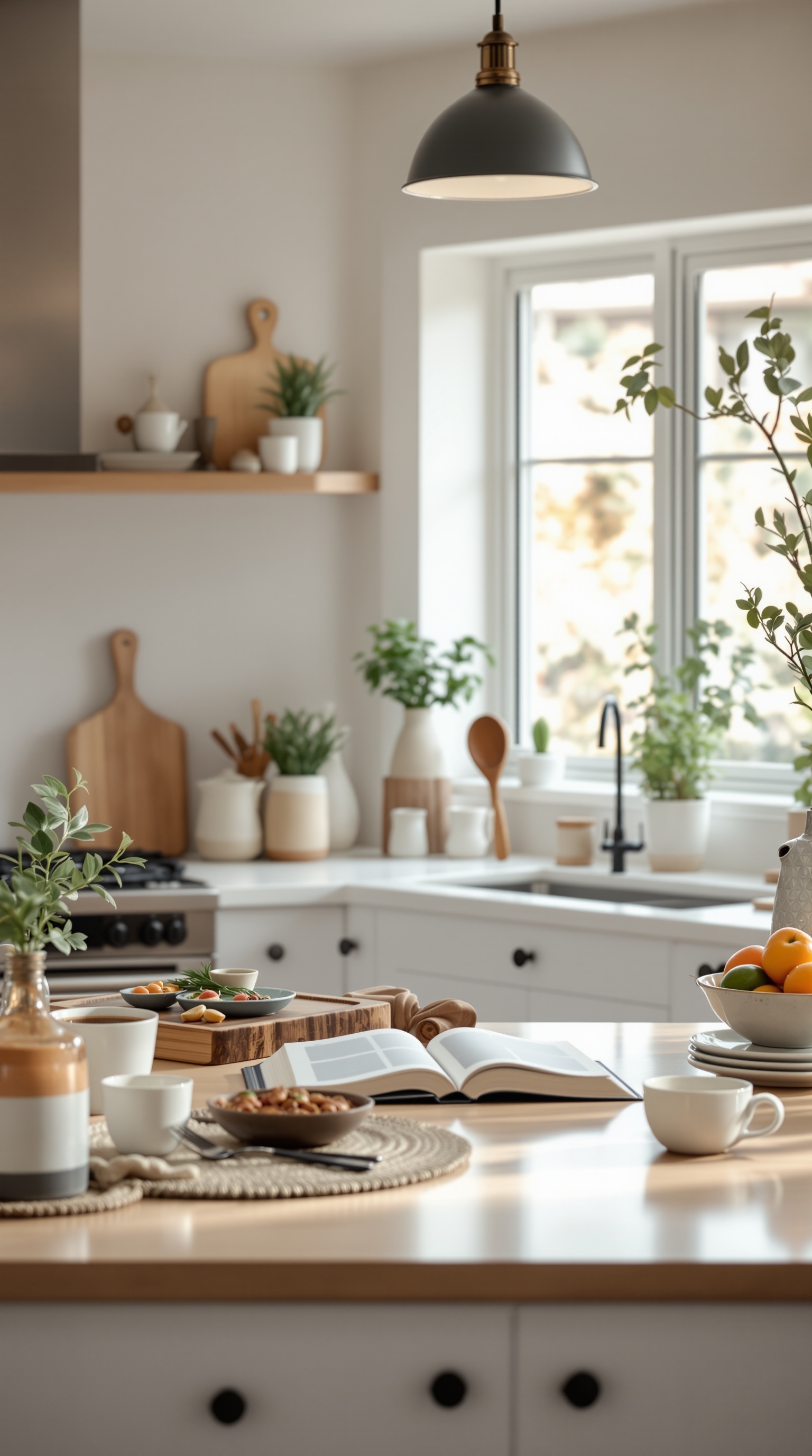A cozy kitchen with a dinner table set for a family meal, featuring an open recipe book and various dishes.