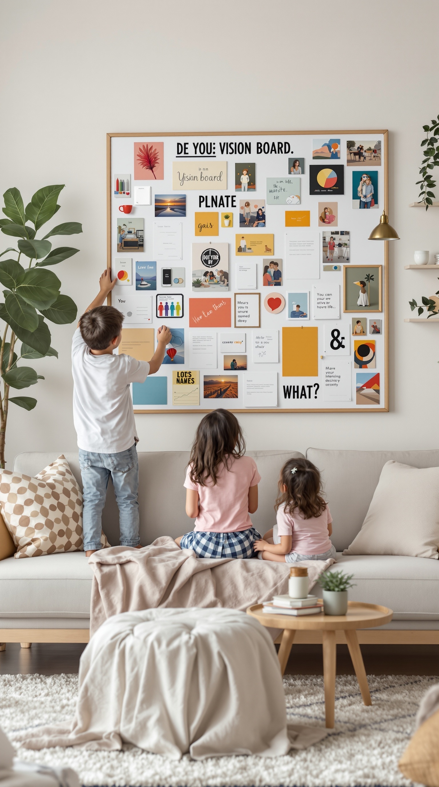 Children creating a family vision board together