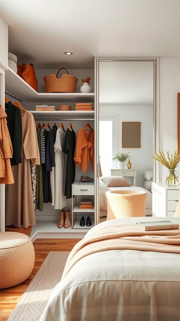 Stylish closet space in a single bedroom with organized clothing and warm tones.