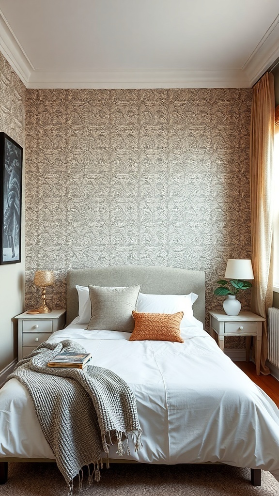 Cozy small bedroom with a feature wall of patterned wallpaper, a neatly made bed, and stylish nightstands.