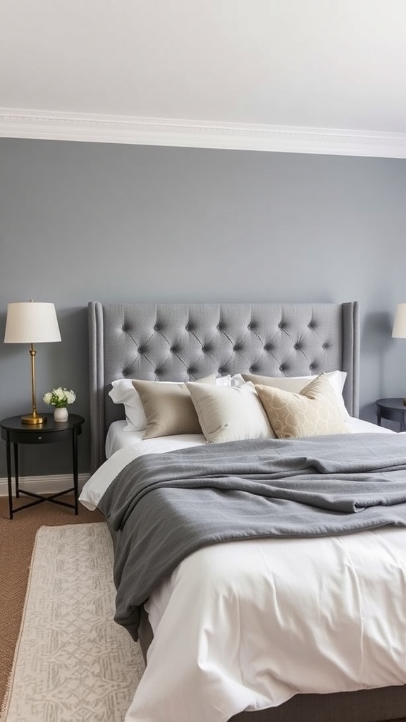 A stylish grey bedroom featuring a tufted grey headboard, soft bedding, and elegant nightstands.