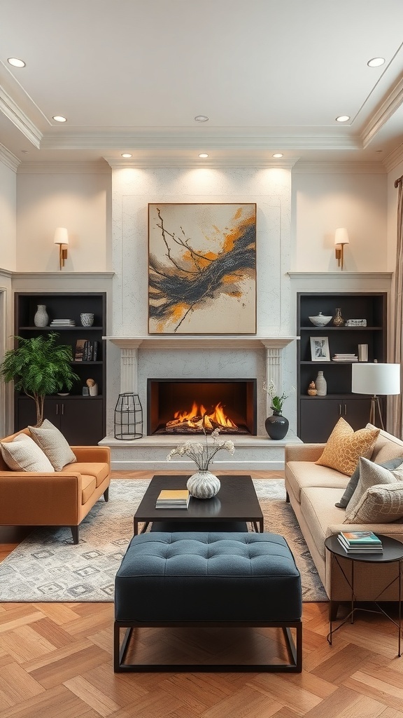 Cozy apartment living room with a fireplace and artwork