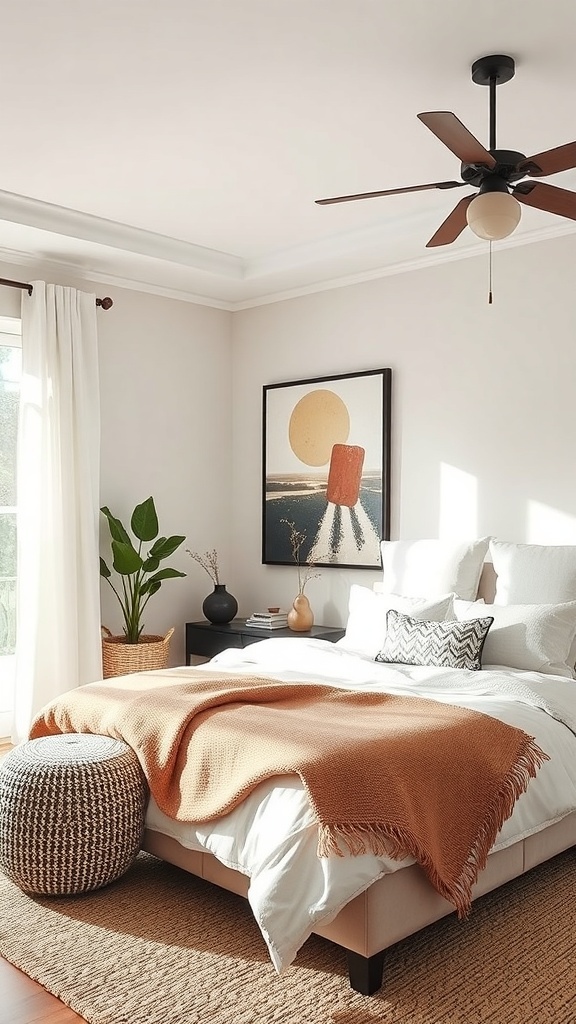 Cozy bedroom with white bedding, orange throw, artwork, and a potted plant.