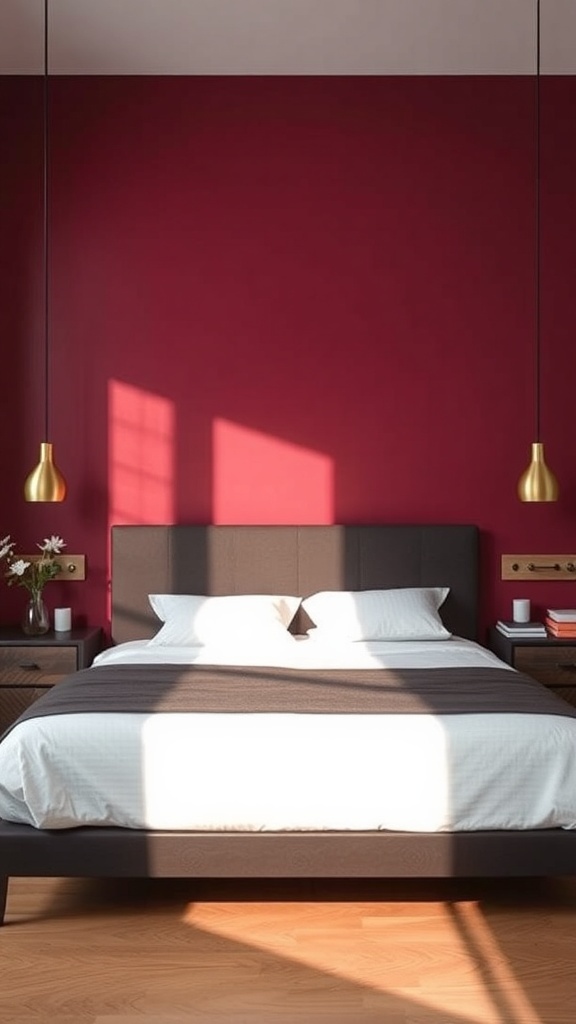 A burgundy bedroom featuring a bed with neutral bedding, pendant lights, and wooden furniture.