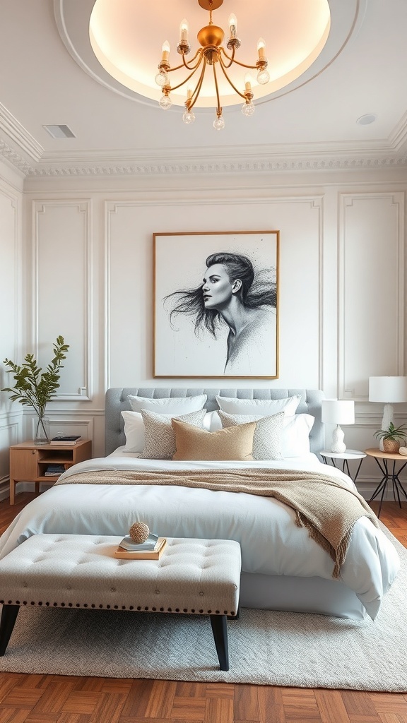 A stylish king bedroom featuring a large artwork, elegant chandelier, and cozy bedding.