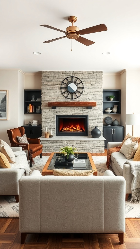A cozy living room featuring a stone fireplace, comfortable seating, and decorative elements.