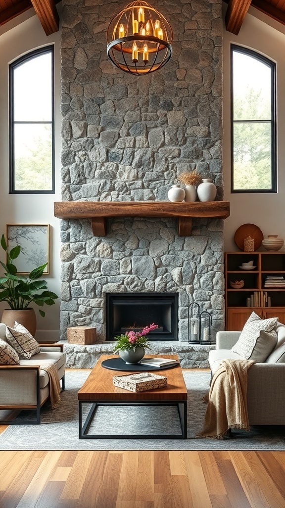 A rustic stone fireplace with a wooden mantel, surrounded by cozy seating and large windows.