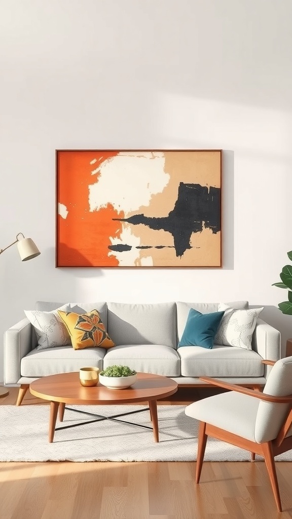 A cozy mid-century modern living room featuring an abstract art piece, a light gray sofa with colorful pillows, a wooden coffee table, and a stylish lamp.