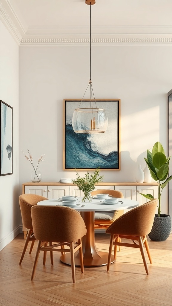 A small dining room featuring a round table, four chairs, and a large piece of wave art on the wall.