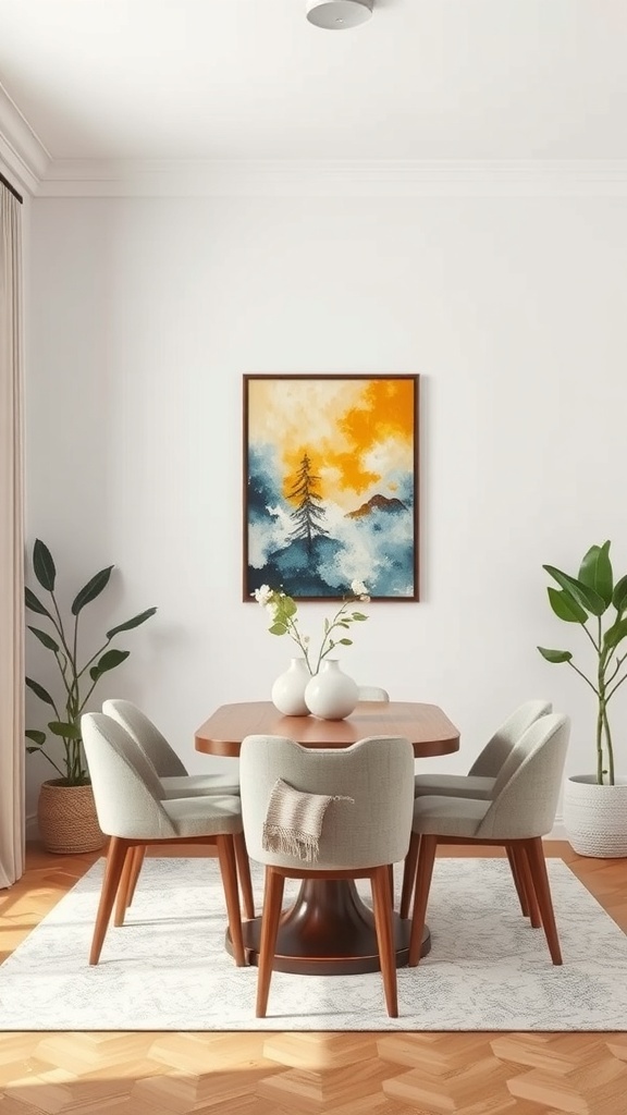 A small dining room featuring a round table, four chairs, and a colorful painting on the wall.