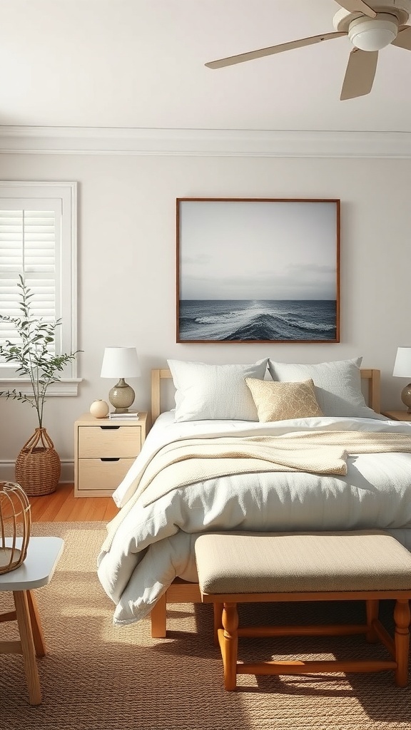 Cozy cottage bedroom with a serene ocean artwork above the bed.