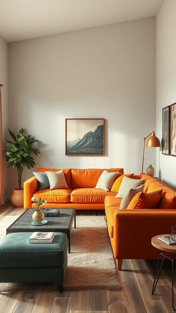 A cozy living room featuring a vibrant orange sofa, green ottoman, and rustic decor.