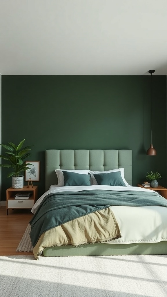 A dark green bedroom featuring a green headboard, layered blankets, wooden furniture, and plants.